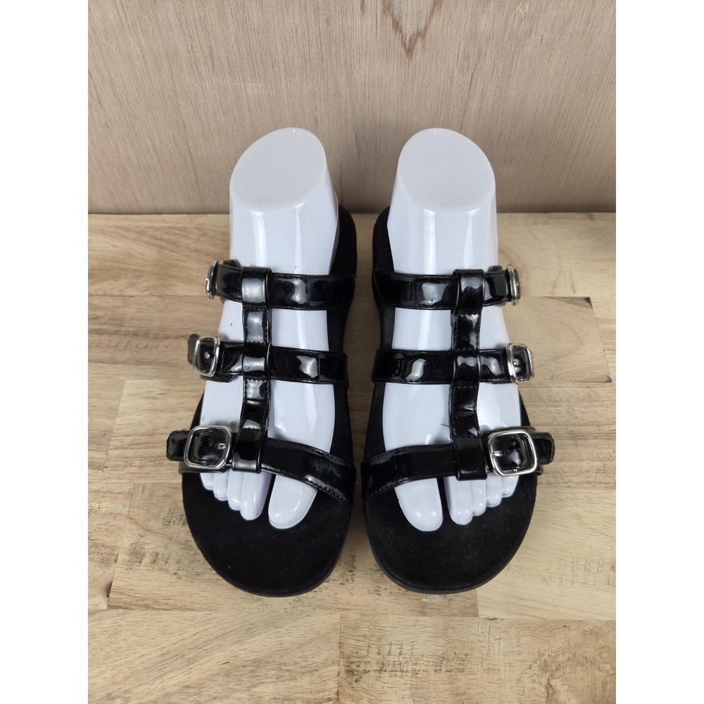 Vionic Misa Sandals Womens Size 7 Slide Black Patent Leather Adj Straps Orthodic